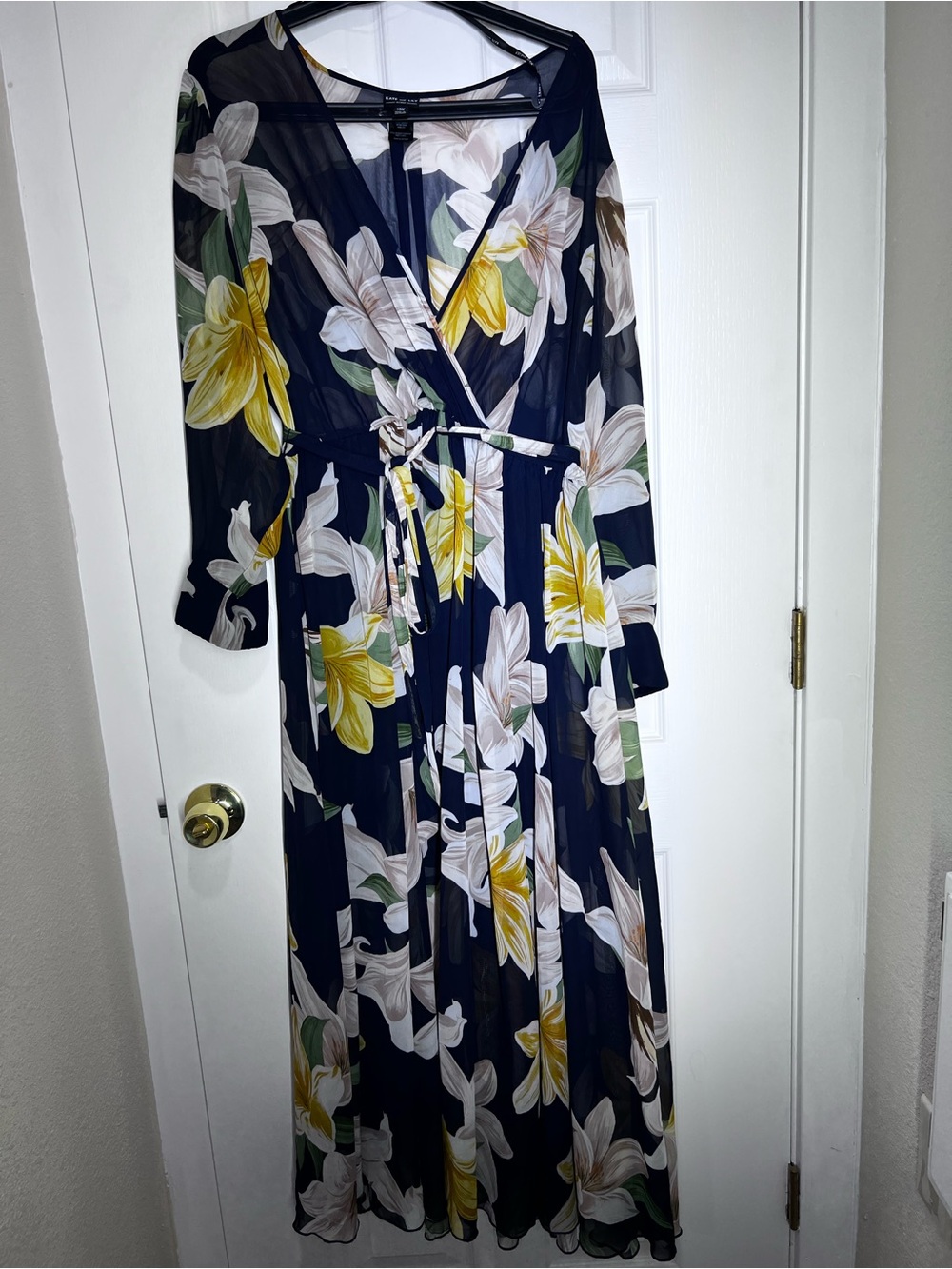 Navy Floral Wrap Maxi Dress with Self-Tie Waist - Picture 7 of 9